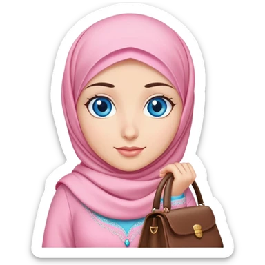 Turkish beautiful finish Konya girl blue eyes with pink hijab islamic dress and had on her hand bag sticker