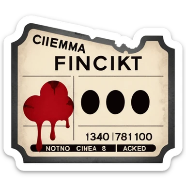 Minimalist emoji-style sticker of an old torn cinema ticket, no text, blood-stained edges and burn holes, grayscale paper

 sticker