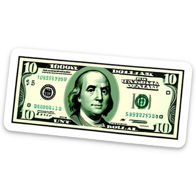 3D realistic US 100 dollar bill sticker, slight perspective, centered, clean cutout, transparent background, no text, no watermark sticker