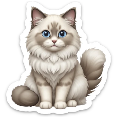 cinematic-[Ragdoll cat]-realistic-full-body-sitting-emoji,-tail-curled-playfully-around-its-paws,-head-tilted-dramatically,-fluffy-[grey ragdoll cat]-fur,-simplified-yet-realistic-focused-features,-highly-detailed,-glowing-with-an-almost-sarcastic-glow sticker