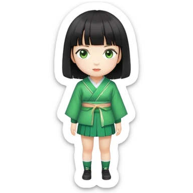 Japanese girl with short black hair and bangs, wearing a Jirai Kei outfit, green eyes, standing pose sticker