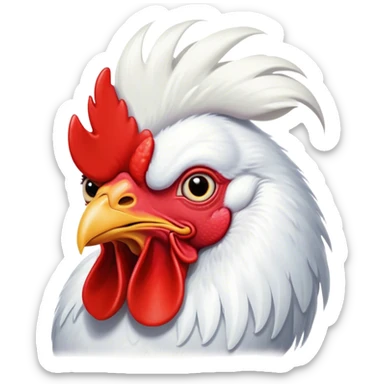 Cinematic Comical White Rooster Portrait Emoji, Head tilted dramatically with an exaggeratedly shocked or amused expression, featuring a striking pure white plumage with a bold red comb, wide, expressive eyes filled with playful disbelief, Simplified yet hilariously expressive features, highly detailed, glowing with a slightly sassy glow, high shine, dramatic yet playful, stylized with an air of cheeky mischief, bright and endearing, soft glowing outline, capturing the essence of a spirited and over-the-top rooster, so meme-worthy it feels like it could crow its way into internet fame instantly! sticker