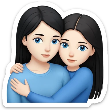 Lesbian couple with white skin. One with long straight black hair. One with long straight brown hair. Both with blue eyes. In a loving embrace sticker