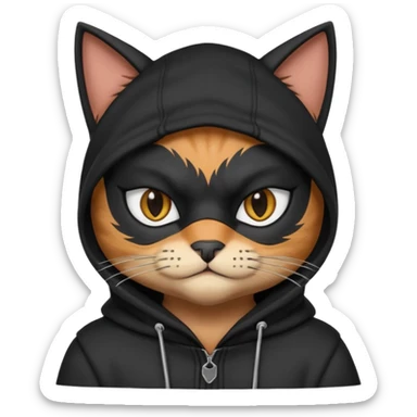 thief cat portrait, head and shoulders only, black mask markings, sly eyes, dark hoodie collar, mischievous expression, 3D cartoon, mobile game icon style, clean background, no text, no watermark
 sticker