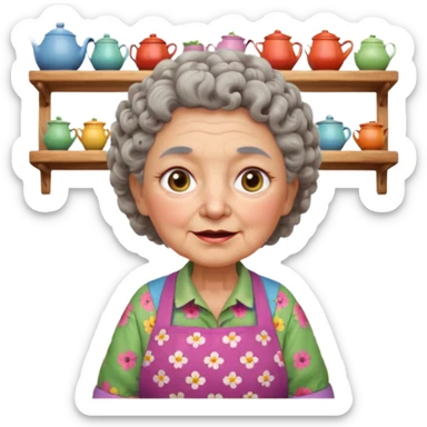 cartoon Apple iOS emoji style rural elderly woman, chubby face, short gray curly hair, flowery blouse, colorful apron, big expressive eyes, pastel colors, Chilean wooden kitchen background, clay pots, warm light, detailed and clean vector art sticker