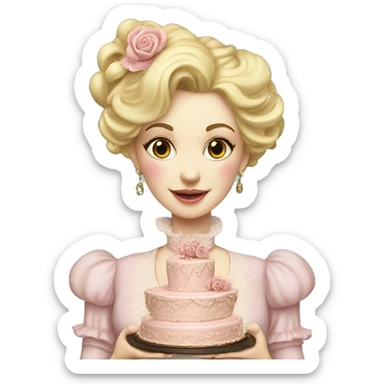 Blonde Woman holding a Vintage, highly detailed, rococo, Victorian, Birthday cake, pale pink, sticker