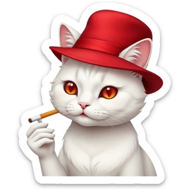 a white cat smoking cigarette with a red hat sticker