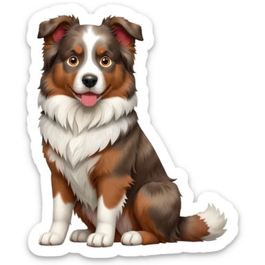 cinematic-[australian shepherd dog]-realistic-full-body-sitting-emoji,-tail-resting-loosely-beside-its-paws,-head-tilted-dramatically,-scruffy-[white and red merle]-fur,-simplified-yet-realistic-focused-features,-highly-detailed,-glowing-with-an-almost-sarcastic-glow sticker