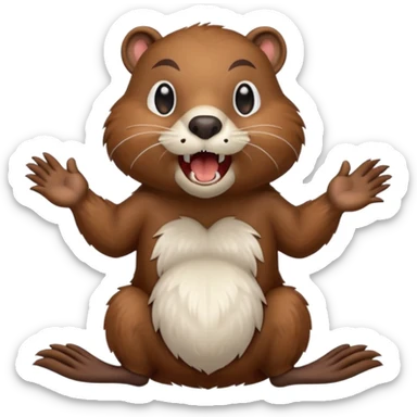  A crazy beaver is standing on its hind legs with its front paws stretched out in front of it. It has a brown fur coat with white fur around its eyes and nose. mouth is open, revealing sharp teeth.  sticker