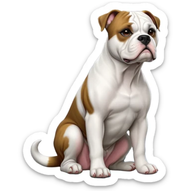 cinematic-[american bulldog]-realistic-full-body-sitting-emoji,-tail-resting-loosely-beside-its-paws,-head-tilted-dramatically,-sleek-[pied black]-fur,-simplified-yet-realistic-focused-features,-highly-detailed,-glowing-with-an-almost-sarcastic-glow sticker