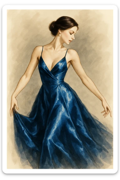 Edit the image to show an elegant woman in a low cut blue satin silk dress in a new pose. The dress should appear luxurious and shiny, styled as a fashion illustration with graceful movement and sophistication. sticker
