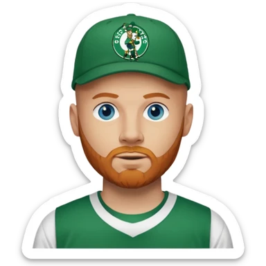 Bald white man with ginger beard and blue eyes in Boston Celtics jersey over tshirts with Boston Celtics logo on cap sticker