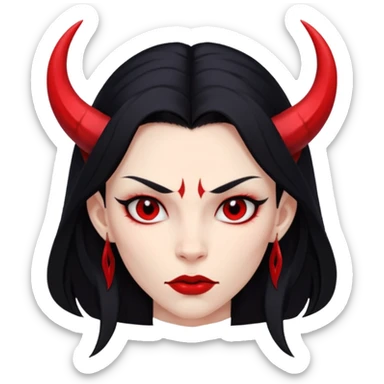 Head demon girl, strong pronounced cheekbones, sharp angular jawline, skin red everywhere, long straight sleek black hair, small horns sticker