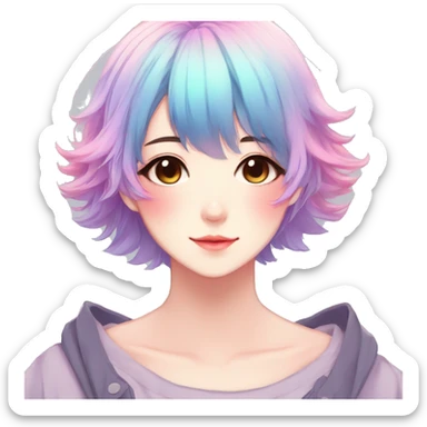 Gorgeous anime style shojo character with blushing face aesthetic and pretty colorful shiny gradient pastel hair trending style sticker