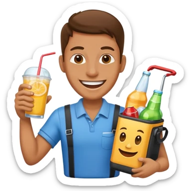 A vendor with a big beverage cooler, offering cold drinks with a wide grin sticker