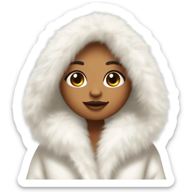 Tanned Girl with lashes ,  in an extremely big fluffy oversized white fur coat with hood on. The fur is real and it’s very obvious big and fluffy like in Pinterest  sticker