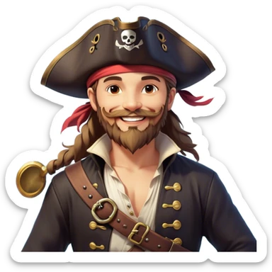 Clash of Clans aesthetic Cheerful Pirate Portrait Emoji, With a bright, confident smile and a relaxed yet adventurous posture, showcasing a stylized, rugged build with a classic pirate hat and a neatly groomed beard, his face in natural skin tone, Simplified yet expressive features, highly detailed, glowing with a soft, luminous maritime radiance, high shine, upbeat and daring, stylized with an air of classic swashbuckler allure, soft glowing outline, capturing the essence of a cheerful pirate ready to chart epic voyages! sticker