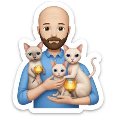 A couple, a man and a woman. The man, who is bald with a beard and wearing a blue shirt, is holding a Siamese cat in his arms. The woman, who has light hair and is wearing a white dress, is holding a white Sphynx cat in her arms sticker