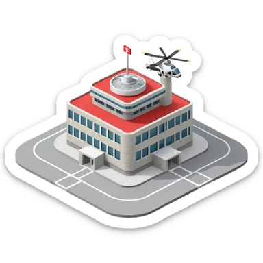 hospital isometric view building with heliport sticker