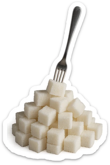 monagna di zollette di zucchero con una forchetta appizzata sopra, iperrealistico 4k sticker