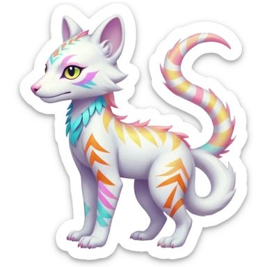 Colorful tropical tribal pale light fruity pastel white glorious iridescent divine exotic cute albino neon vibrant zigzagged cool beautiful fantasy-caracal-civet-genet-sergal-vernid-Gryphon-Cacomistle-Trico-oncilla-animal-Fakémon-hybrid-fursona (full body), facial markings,  sticker