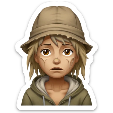 very dirty looking homeless woman with ripped hat with ugly hair sticker