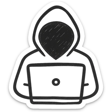 silhouette of a hooded hacker, sitting at a computer, no background sticker