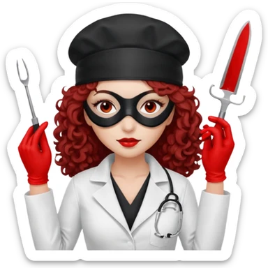 


Scary woman scalpel in hand, evil surgeon sexy surgeon clothes.  She has redcolored  eyes. Her  hair only is free ne brown long curly hair. Wears sexy doctor outfit with red gloves. make her wear full ski mask yo mask and nose mouth mask  to hide. Wears white surgeon coat, wears  stilettos sticker