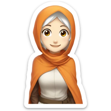 anime girl hijab gummy smile sweet white skinned peanime female adventurer in orange clothes half waveing hand sticker