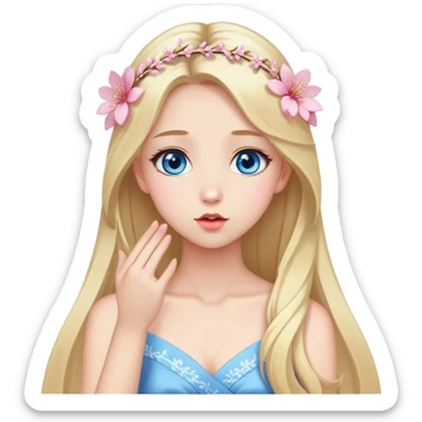 Girl with long blond hair and sakura accessories on her hair with a long dress and have blue eyes beautiful finish and she sending lovely kisses  sticker
