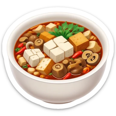 Chengdu Maocai spicy assorted ingredients in bowl, simplified emoji style with bold outlines and bright colors, cartoon style Sichuan street stew sticker