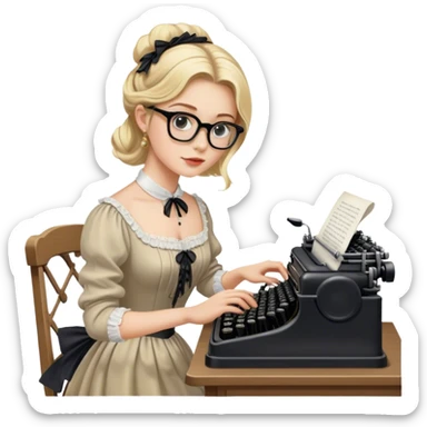 Blonde model wearing glasses and a Victorian gown typing on a black typewriter at an old desk sticker