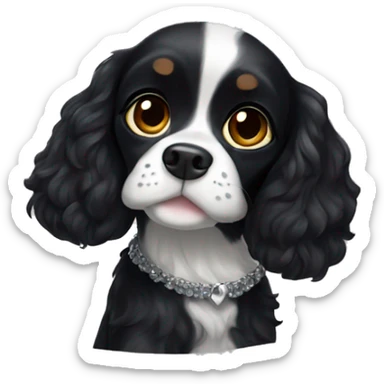Small completely black king spaniel with black fur on face and white stripe on chest sticker