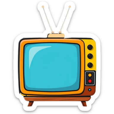 Retro TV set from the 1970s with antenna and wooden frame sticker