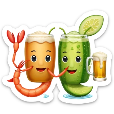 Create a modern emoji-style illustration of two shrimp characters, friendly and cool, slightly cartoon but stylish, not childish.
They are toasting (‘salud’), one shrimp holding a beer mug with aguachile topping, the other holding a fresh aguachile bowl with cucumber and chili.
  sticker