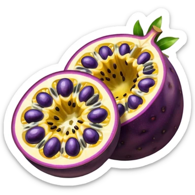 whole round purple passion fruit with slightly wrinkled matte skin next to halved piece showing vibrant yellow pulp with glossy black seeds juicy jelly-like texture bold contrast between rind and interior no leaf spoon or extras soft lighting subtle shadows emoji scale sticker