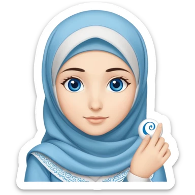 Turkish beautiful finish Konya girl blue eyes with cloudy hijab islamic long tailed dress and had on her hand text Eid Mubarak  sticker