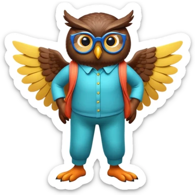 friendly anthropomorphised night owl with wings instead of arms, colourful pants and shirt, wearing glasses, walking upright, night owl features and colours, unique pose 1 sticker