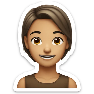 The girl is smiling sweetly; she has crooked upper teeth (with canines pointing forward), straight brown hair, brown eyes, black eyebrows, a snub nose, and is very cute. sticker