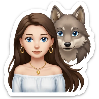 A pretty white girl with brunette hair blue eyes  thin gold hoop earrings and a matching gold necklace in a white shirt that cuts off the shoulders her hair is long and she has a wolf cut sticker