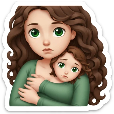 Sad Girl with curled brown long length hair and dark green eyes with belly ache sticker