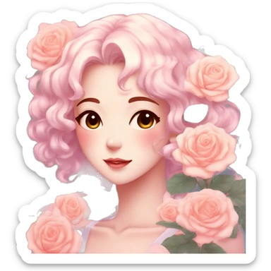 Gorgeous pastel anime style lady with blushing face and roses leaves shiny aesthetic trending style sticker