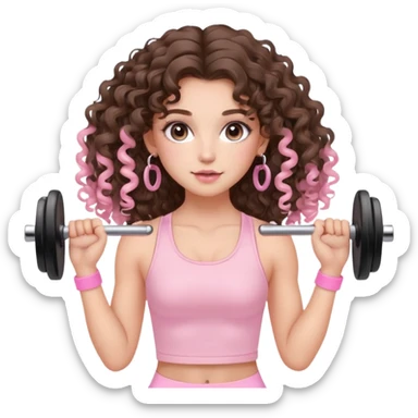 cute balayage brunette long hair curly/wavy haired girl, hoop earrings, clean girl makeup DOING EXERCISE with weights with a cute pastel pink set sticker