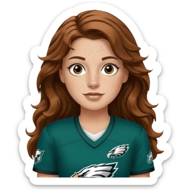 White girl with long brown wavy hair and freckles wearring a Philadelphia eagles jersey sticker