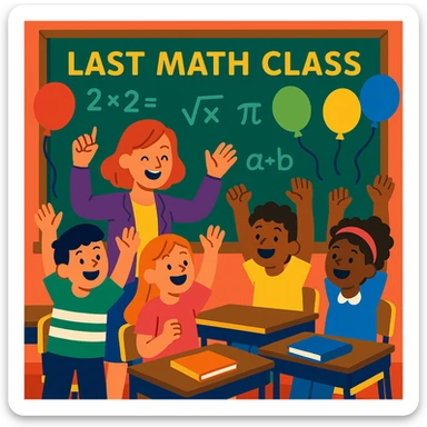 cartoon classroom scene with students and a teacher celebrating the last math class, math symbols on the chalkboard, balloons sticker