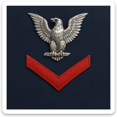 Make this U.S. Navy Petty Officer Third Class (E-4) insignia look more realistic, with a detailed and accurate silver eagle perched above one red chevron on an authentic navy blue uniform background. The insignia should have realistic textures and colors, reflecting the official navy uniform style and materials. sticker