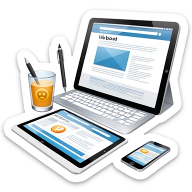 Modern icon for Web Design: a computer and smartphone or tablet screen displaying a website layout, HTML code, and design tools like a stilus. Transparent background. sticker