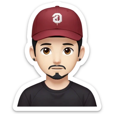 masterpiece,anime style,funny style,medium shot,twitch emote of a young adult alone with short beard without mustache,uncovered forehead,dark red baseball cap backwards,black hair backwards,shoulder length hair,black t-shirt,uncovered ears sticker
