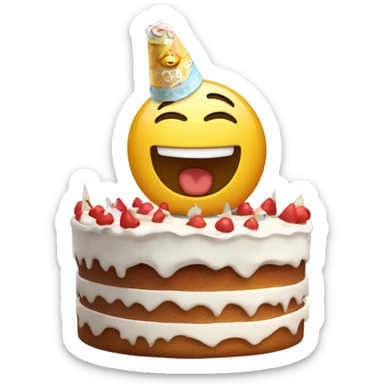 un emoji avec un gateau et avre ecris joyeux anniverair decue sticker