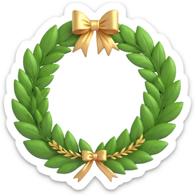 A laurel wreath made of fresh or natural-looking laurel leaves, neatly woven into a circle. The leaves are glossy, rich green, with golden veins. The wreath is adorned with a thin golden ribbon tied in a bow at the back. sticker